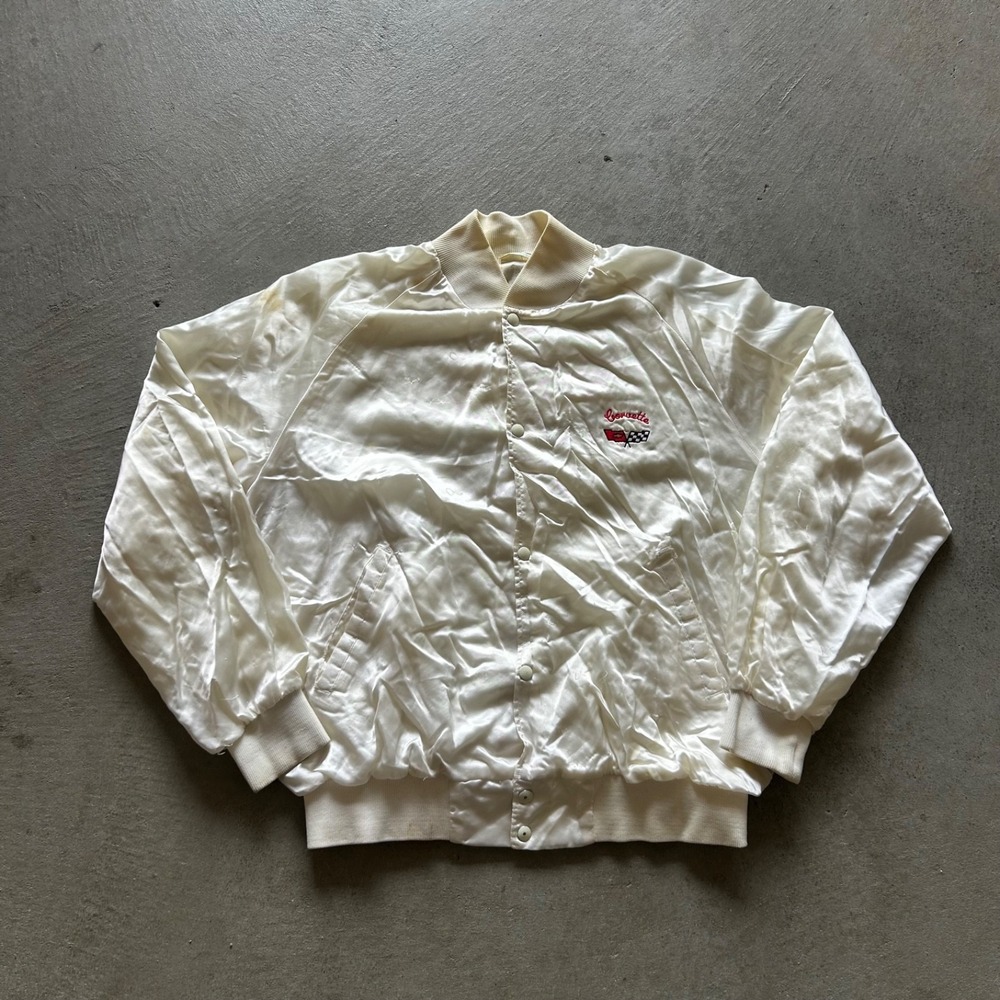 Vintage 90s‎ Corvette Satin Jacket Size XXL White Bomber Button Up USA Made